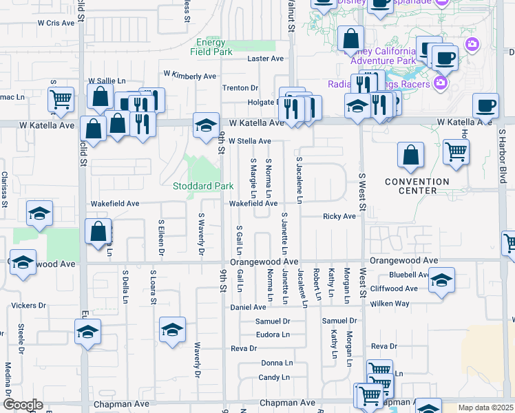 map of restaurants, bars, coffee shops, grocery stores, and more near 2002 South Margie Lane in Anaheim