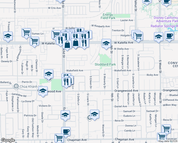 map of restaurants, bars, coffee shops, grocery stores, and more near 2001 South Eileen Drive in Anaheim