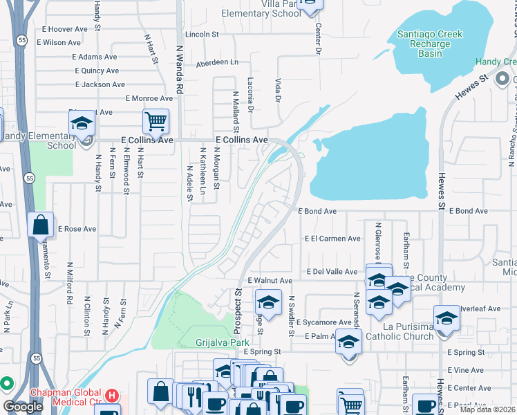 map of restaurants, bars, coffee shops, grocery stores, and more near 3404 East Lambeth Court in Orange
