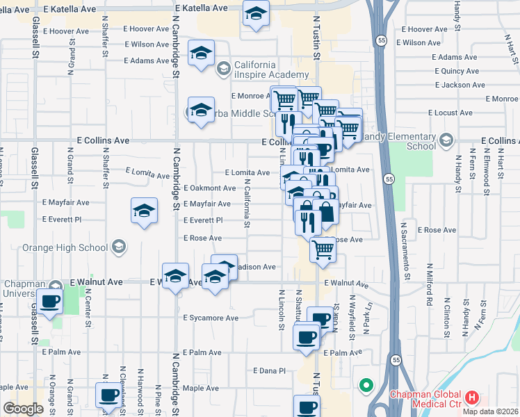 map of restaurants, bars, coffee shops, grocery stores, and more near 1334 East Mayfair Avenue in Orange