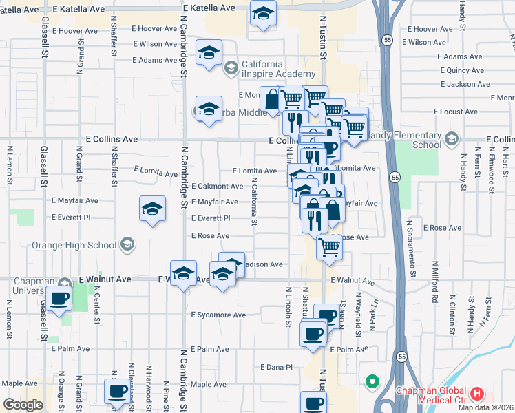 map of restaurants, bars, coffee shops, grocery stores, and more near 1306 East Oakmont Avenue in Orange