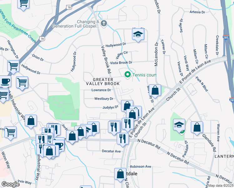map of restaurants, bars, coffee shops, grocery stores, and more near 754 Auguste Avenue in Decatur
