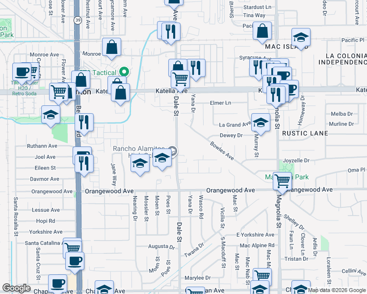 map of restaurants, bars, coffee shops, grocery stores, and more near 11250 Dale Street in Garden Grove