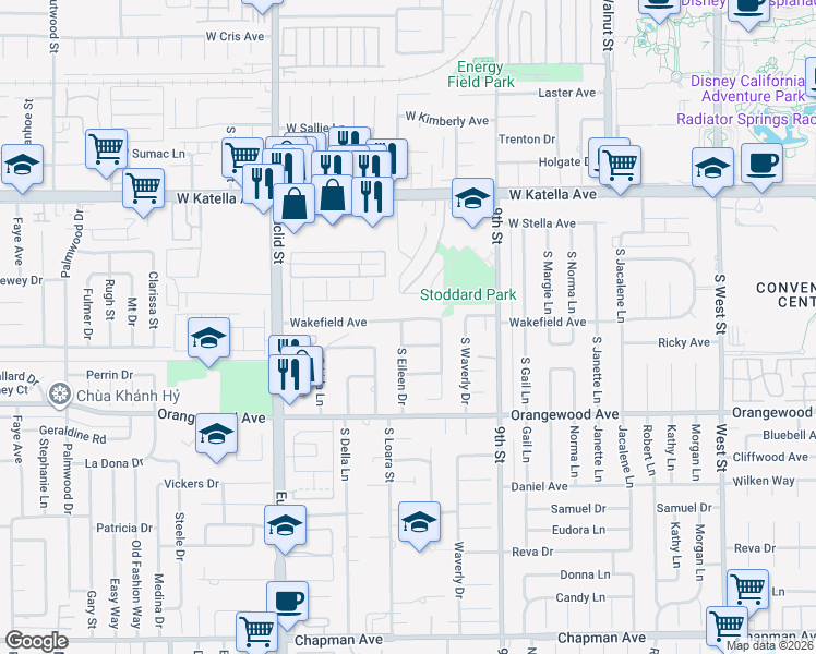 map of restaurants, bars, coffee shops, grocery stores, and more near 1584 West Wakefield Avenue in Anaheim