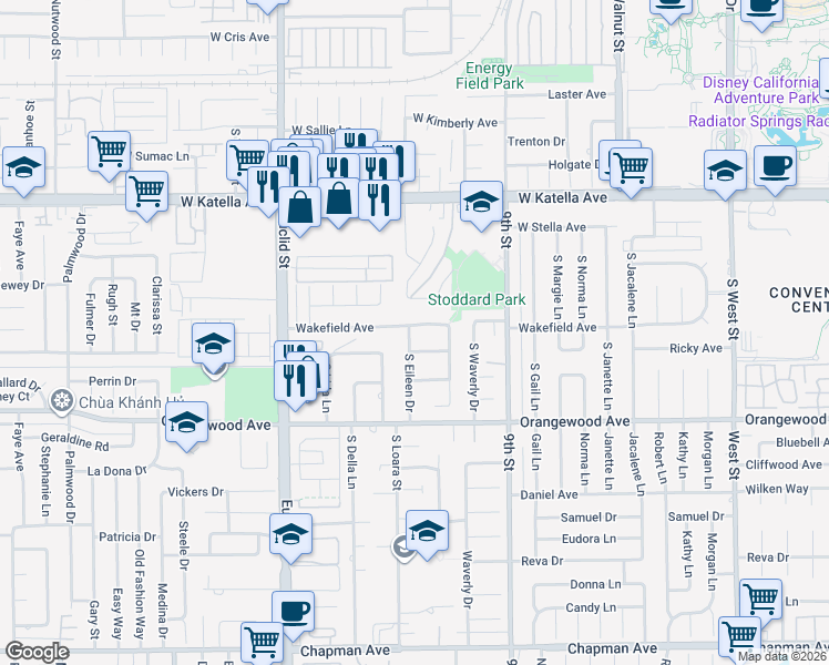 map of restaurants, bars, coffee shops, grocery stores, and more near 1577 West Wakefield Avenue in Anaheim