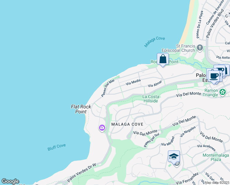 map of restaurants, bars, coffee shops, grocery stores, and more near 569 Vía Almar in Palos Verdes Estates