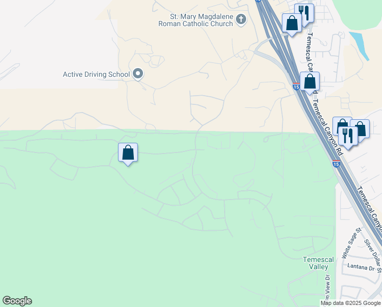 map of restaurants, bars, coffee shops, grocery stores, and more near 8287 Soft Winds Drive in Corona