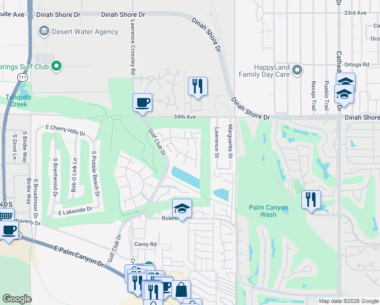 map of restaurants, bars, coffee shops, grocery stores, and more near 6112 Arroyo Road in Palm Springs
