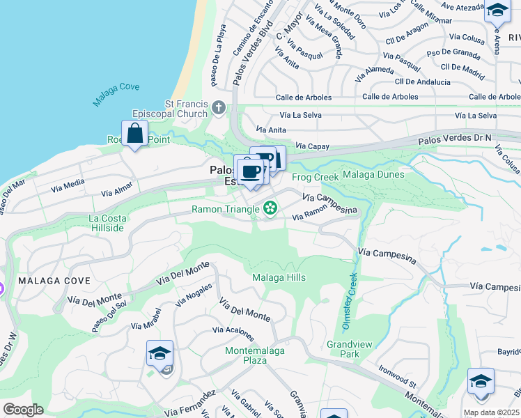 map of restaurants, bars, coffee shops, grocery stores, and more near 2404 Vía Campesina in Palos Verdes Estates