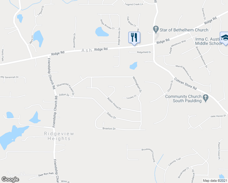 map of restaurants, bars, coffee shops, grocery stores, and more near 93 Marion Lane in Douglasville