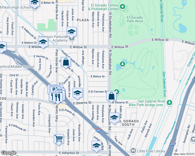 map of restaurants, bars, coffee shops, grocery stores, and more near 6746 East Belice Street in Long Beach