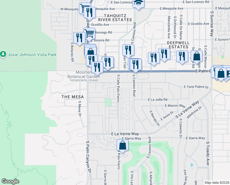 map of restaurants, bars, coffee shops, grocery stores, and more near 301 Kona Lane in Palm Springs