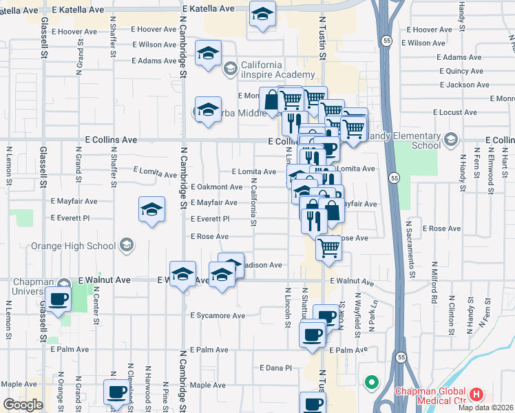 map of restaurants, bars, coffee shops, grocery stores, and more near 1306 East Oakmont Avenue in Orange