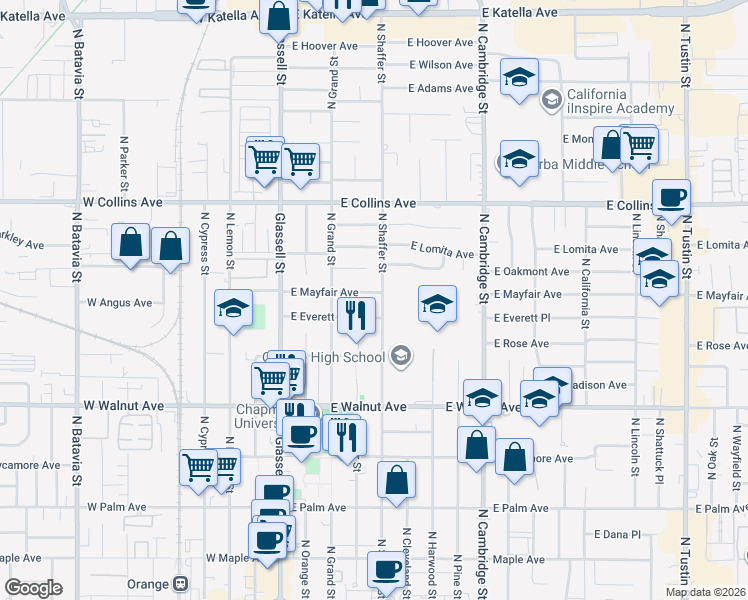 map of restaurants, bars, coffee shops, grocery stores, and more near 748 North Shaffer Street in Orange