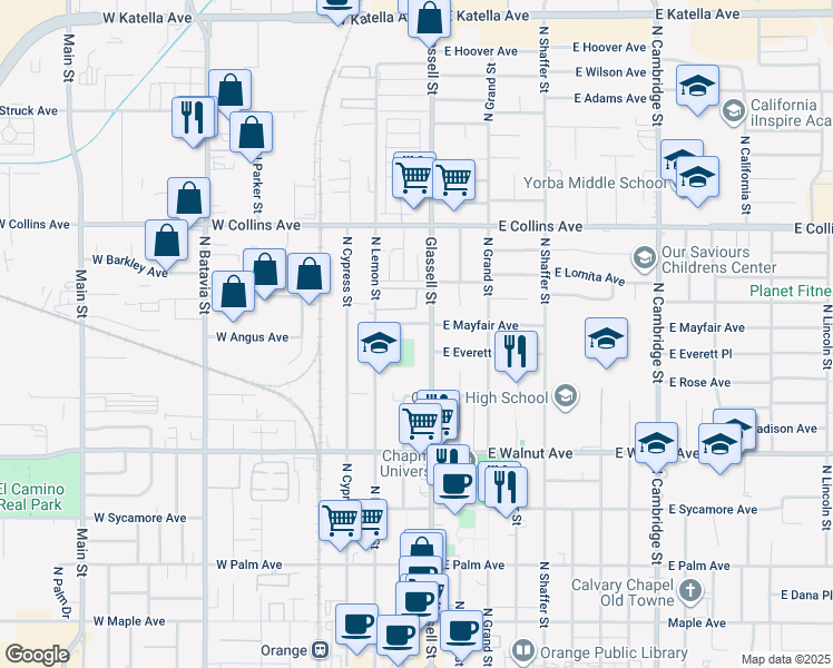 map of restaurants, bars, coffee shops, grocery stores, and more near 736 North Glassell Street in Orange