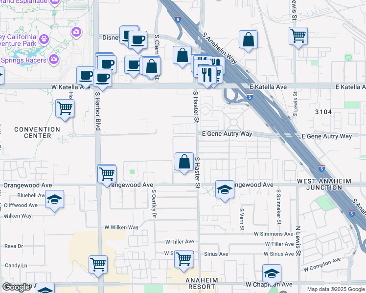 map of restaurants, bars, coffee shops, grocery stores, and more near 2001 Haster Street in Anaheim