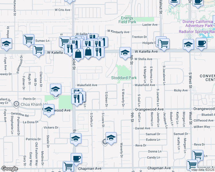 map of restaurants, bars, coffee shops, grocery stores, and more near 1577 West Wakefield Avenue in Anaheim