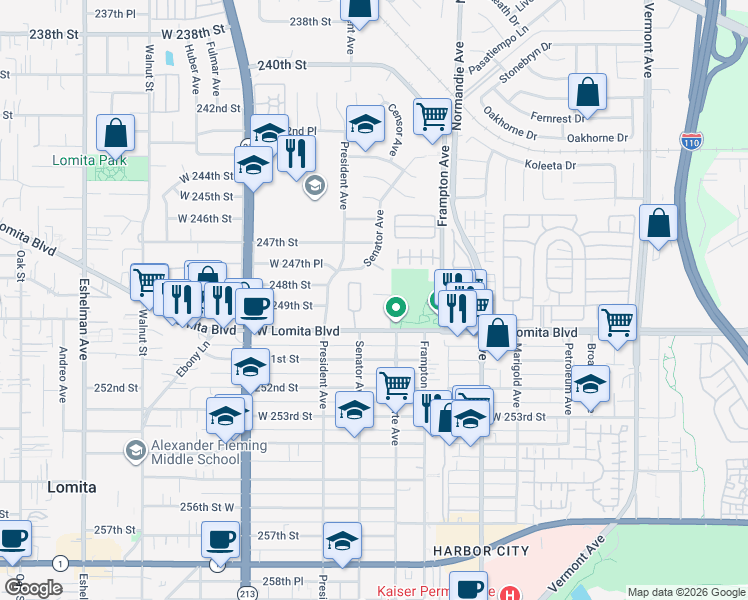 map of restaurants, bars, coffee shops, grocery stores, and more near 1411 Lomita Boulevard in Los Angeles