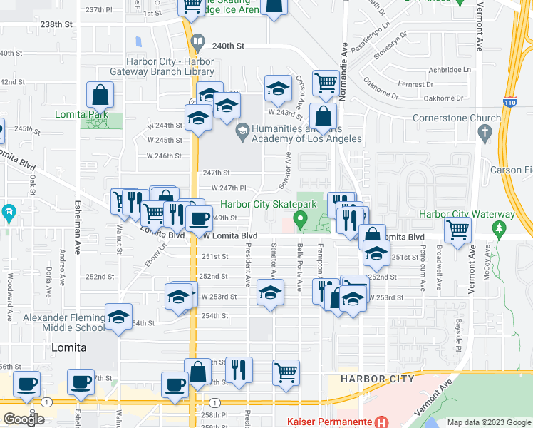 map of restaurants, bars, coffee shops, grocery stores, and more near 1451 Lomita Boulevard in Los Angeles
