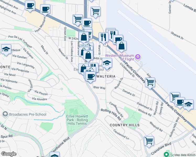 map of restaurants, bars, coffee shops, grocery stores, and more near 3627 Newton Street in Torrance
