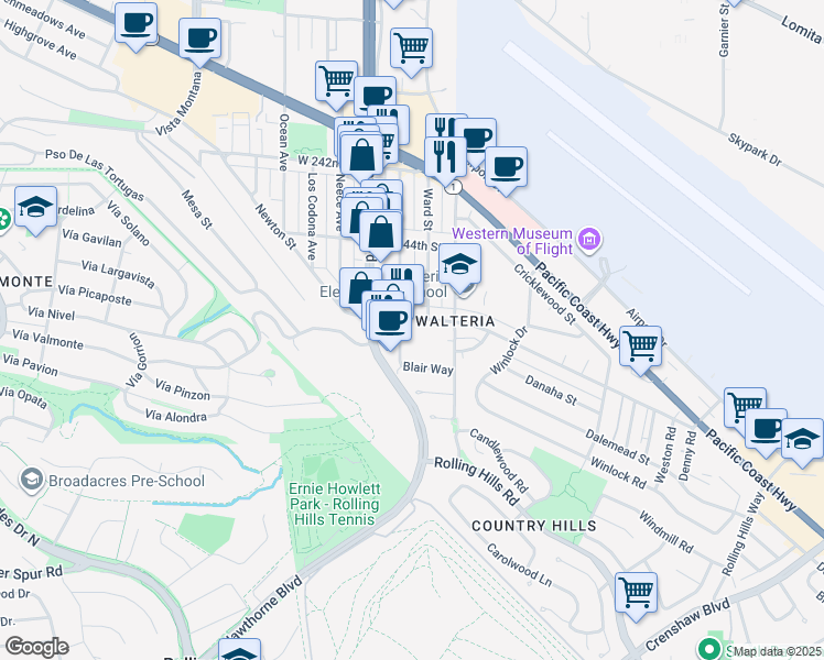 map of restaurants, bars, coffee shops, grocery stores, and more near 3711 Newton Street in Torrance