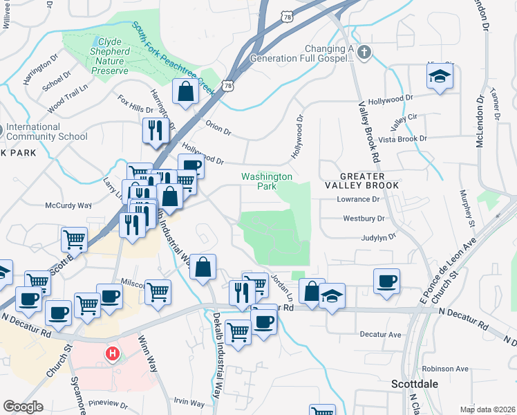 map of restaurants, bars, coffee shops, grocery stores, and more near 2817 Lincoln Drive in Decatur