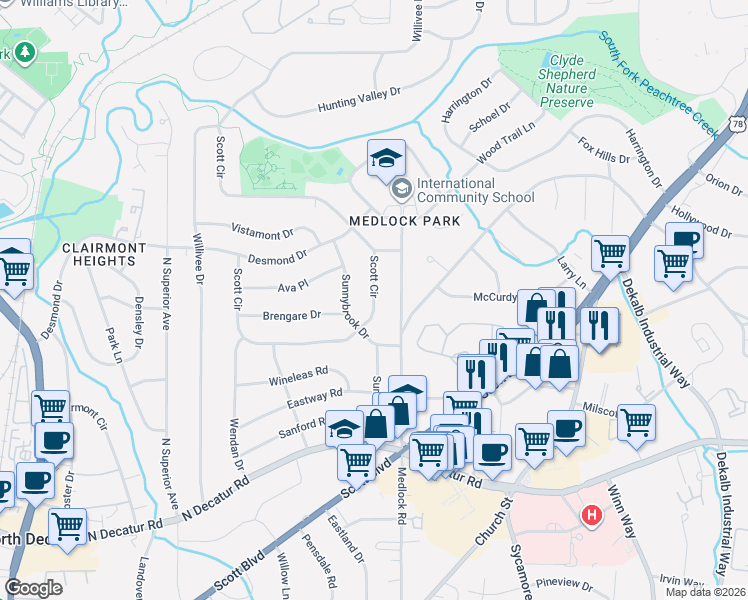 map of restaurants, bars, coffee shops, grocery stores, and more near 761 Scott Circle in Decatur