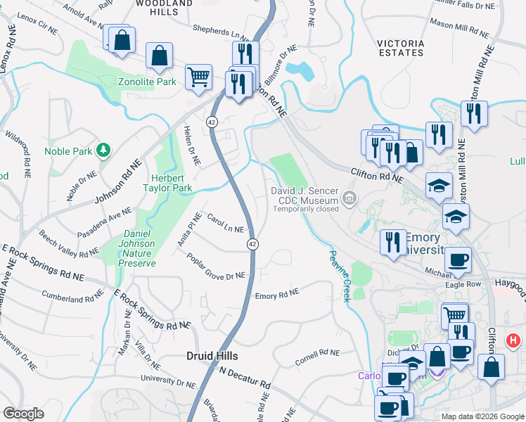 map of restaurants, bars, coffee shops, grocery stores, and more near 765 Briar Park Court Northeast in Atlanta