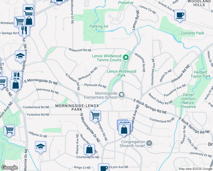 map of restaurants, bars, coffee shops, grocery stores, and more near 1610 West Sussex Road Northeast in Atlanta