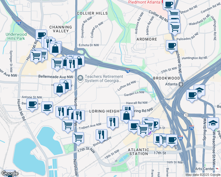 map of restaurants, bars, coffee shops, grocery stores, and more near in Atlanta