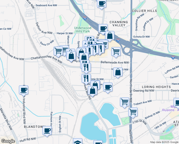 map of restaurants, bars, coffee shops, grocery stores, and more near 1667 Howell Mill Road Northwest in Atlanta