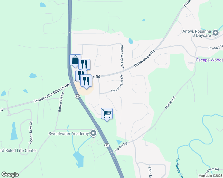 map of restaurants, bars, coffee shops, grocery stores, and more near 115 Sweetwater Circle in Powder Springs