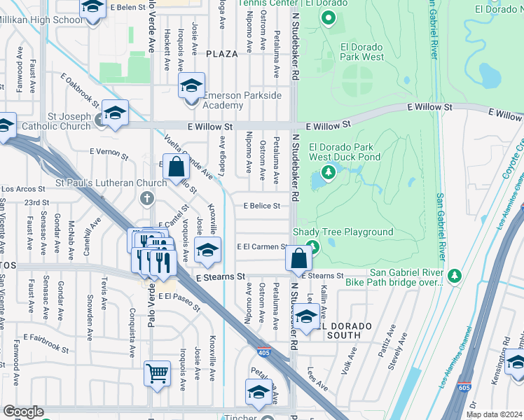 map of restaurants, bars, coffee shops, grocery stores, and more near 6746 East Belice Street in Long Beach