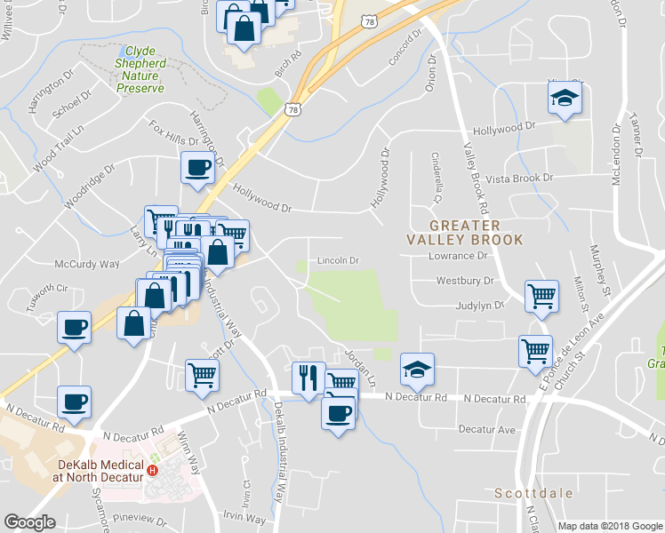 map of restaurants, bars, coffee shops, grocery stores, and more near 2817 Lincoln Drive in Decatur