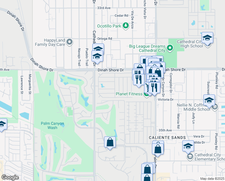 map of restaurants, bars, coffee shops, grocery stores, and more near 197 Shepard Drive in Cathedral City