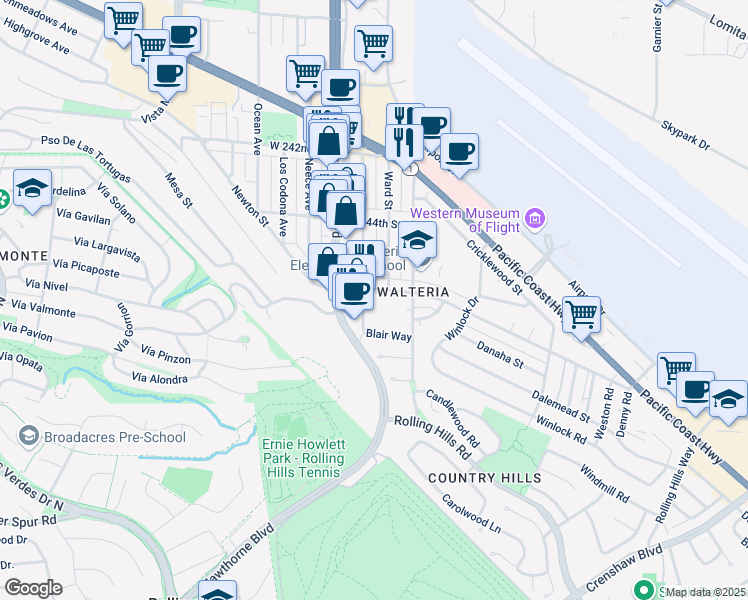 map of restaurants, bars, coffee shops, grocery stores, and more near 24516 Park Street in Torrance