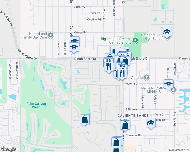 map of restaurants, bars, coffee shops, grocery stores, and more near 132 Hester Drive in Cathedral City