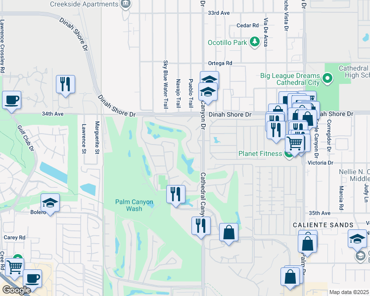 map of restaurants, bars, coffee shops, grocery stores, and more near 68265 Village Drive in Cathedral City