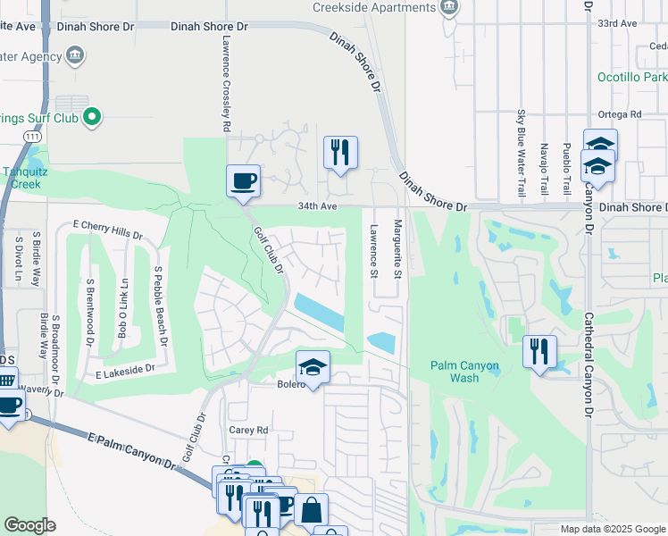 map of restaurants, bars, coffee shops, grocery stores, and more near 6134 Arroyo Road in Palm Springs