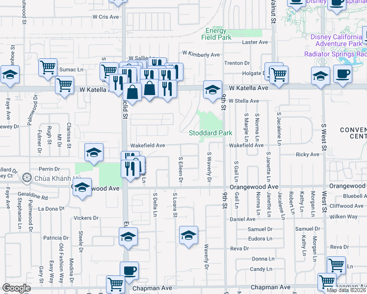 map of restaurants, bars, coffee shops, grocery stores, and more near 1584 West Wakefield Avenue in Anaheim