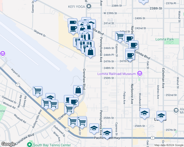 map of restaurants, bars, coffee shops, grocery stores, and more near 2446 248th Street in Lomita