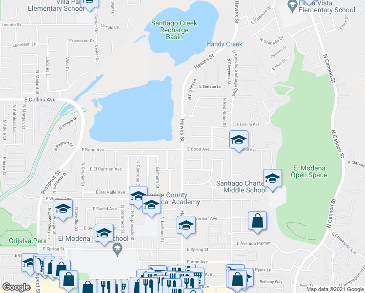 map of restaurants, bars, coffee shops, grocery stores, and more near Hewes Street in Orange