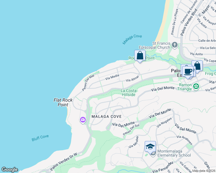 map of restaurants, bars, coffee shops, grocery stores, and more near 536 Vía Almar in Palos Verdes Estates