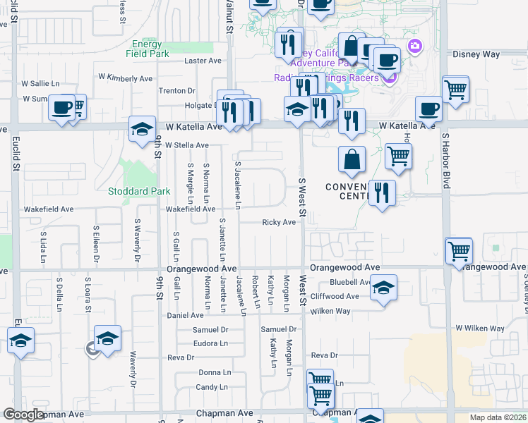 map of restaurants, bars, coffee shops, grocery stores, and more near 1925 South Robert Lane in Anaheim