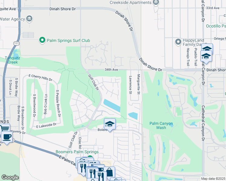 map of restaurants, bars, coffee shops, grocery stores, and more near 6117 Arroyo Road in Palm Springs