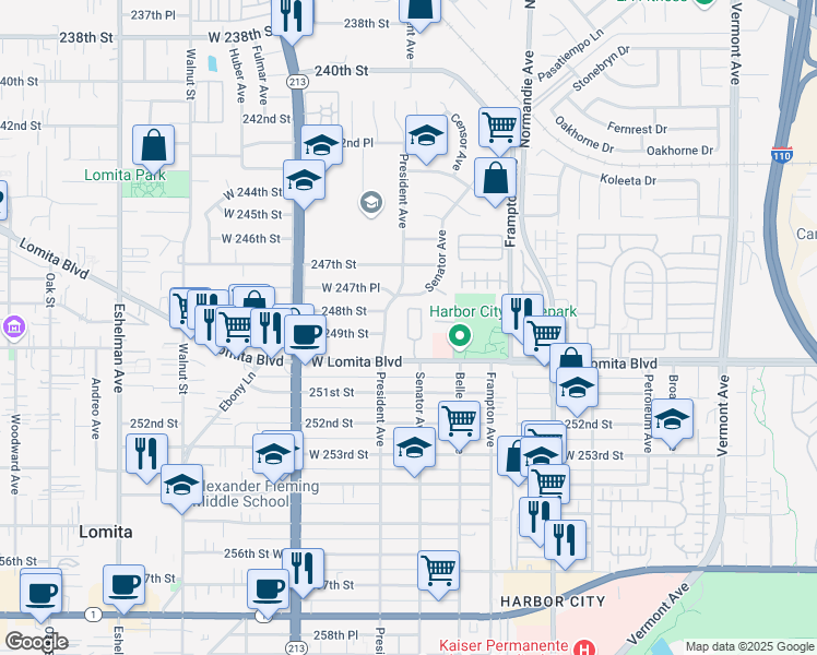 map of restaurants, bars, coffee shops, grocery stores, and more near 1451 Lomita Boulevard in Los Angeles