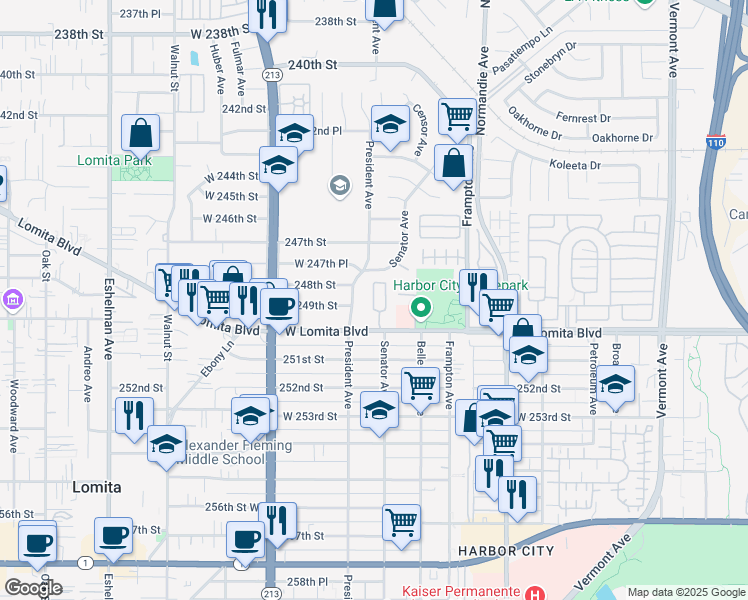 map of restaurants, bars, coffee shops, grocery stores, and more near 1441 Lomita Boulevard in Los Angeles