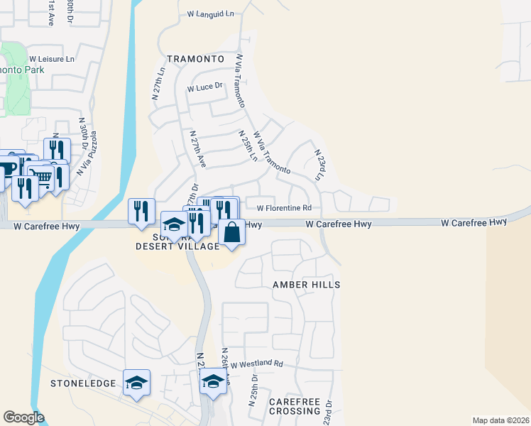 map of restaurants, bars, coffee shops, grocery stores, and more near 2507 West Old Paint Trail in Phoenix