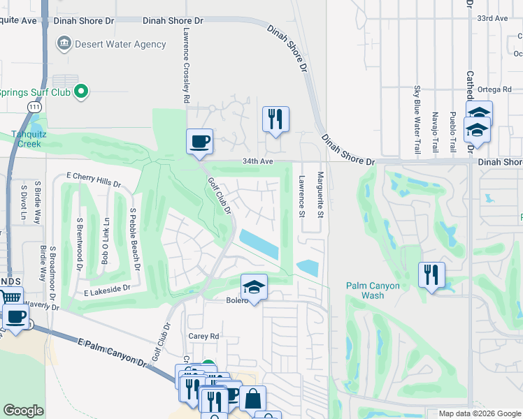 map of restaurants, bars, coffee shops, grocery stores, and more near 6105 Montecito Drive in Palm Springs