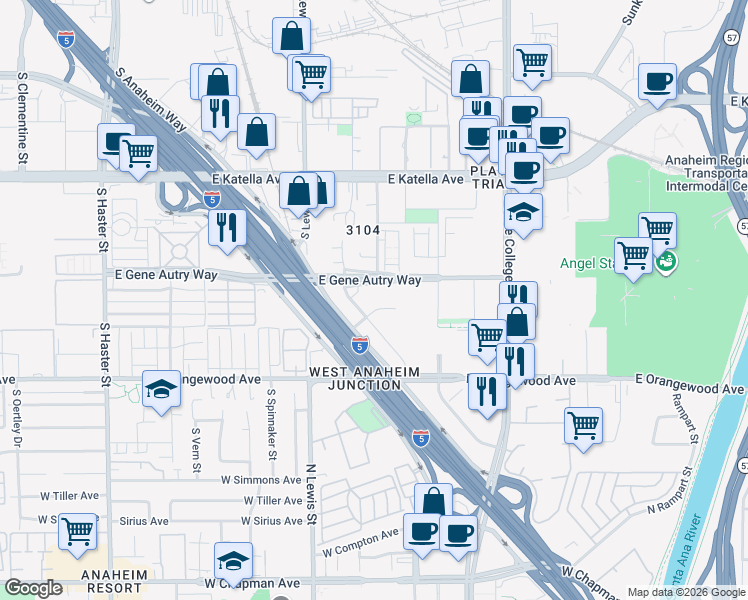 map of restaurants, bars, coffee shops, grocery stores, and more near 900-960 E Gene Autry Way in Anaheim